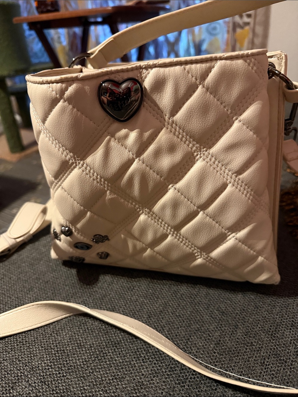 Betsey Johnson Quilted Cream Shoulder Bag with Heart Accent